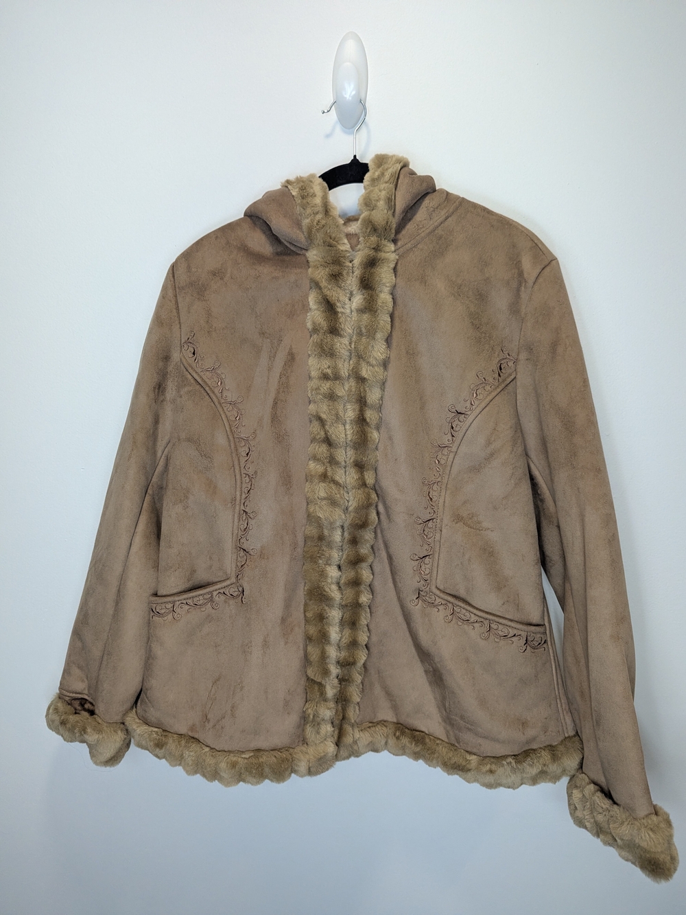 Croft & Barrow Womens Tan Faux Suede Fur Lined Hooded Jacket Coat Large Boho